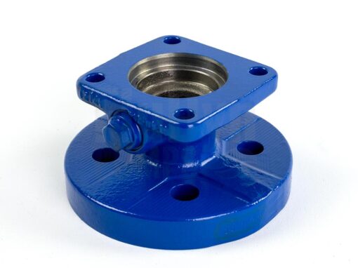 A blue painted metal discharge branch. It stands vertically in front of a neutral, white background. You can look into the discharge branch at an angle from above. At the top and bottom are 4 holes which are to be used for connection screws. There is an opening on the side for a sensor. This is currently closed with a screw.