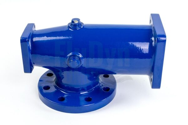 A blue painted pump housing for a Bornemann E2H 375 progressing cavity pump in front of a white neutral background. It has a round inlet opening at the bottom. Two rectangular openings on the left and right for connecting the stator and bearing assembly.