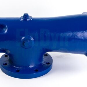Ein blau lackiertes Pumpengehäuse für Bornemann E4H 1500 Exzenterschneckenpumpen vor einem weißen, neutralen Hintergrund. Unten hat es eine runde Ansaugöffnung. Links und rechts zwei rechteckige Öffnungen zum Anschluss des Stators und der Lagereinheit.
