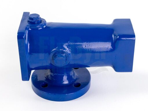 A blue painted pump housing for a Bornemann E4H 164 progressing cavity pump in front of a white neutral background. It has a round inlet opening at the bottom. Two rectangular openings on the left and right for connecting the stator and bearing assembly.