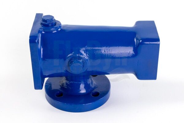 A blue painted pump housing for a Bornemann E4H 164 progressing cavity pump in front of a white neutral background. It has a round inlet opening at the bottom. Two rectangular openings on the left and right for connecting the stator and bearing assembly.