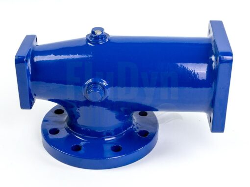Ein blau lackiertes Pumpengehäuse für Bornemann EH 1024 Exzenterschneckenpumpen vor einem weißen, neutralen Hintergrund. Unten hat es eine runde Ansaugöffnung. Links und rechts zwei rechteckige Öffnungen zum Anschluss des Stators und der Lagereinheit.