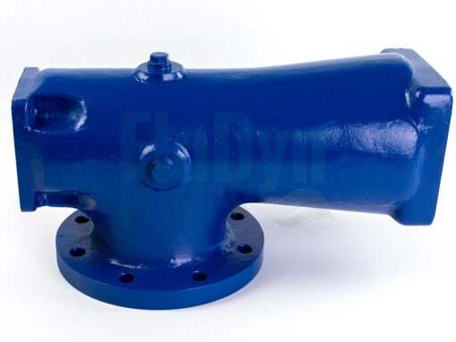 Ein blau lackiertes Pumpengehäuse für Bornemann EH 1500 Exzenterschneckenpumpen vor einem weißen, neutralen Hintergrund. Unten hat es eine runde Ansaugöffnung. Links und rechts zwei rechteckige Öffnungen zum Anschluss des Stators und der Lagereinheit.
