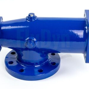 Ein blau lackiertes Pumpengehäuse für Bornemann EH 236 Exzenterschneckenpumpen vor einem weißen, neutralen Hintergrund. Unten hat es eine runde Ansaugöffnung. Links und rechts zwei rechteckige Öffnungen zum Anschluss des Stators und der Lagereinheit.