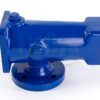 A blue painted pump housing for a Bornemann E2H 164 progressing cavity pump in front of a white neutral background. It has a round inlet opening at the bottom. Two rectangular openings on the left and right for connecting the stator and bearing assembly.