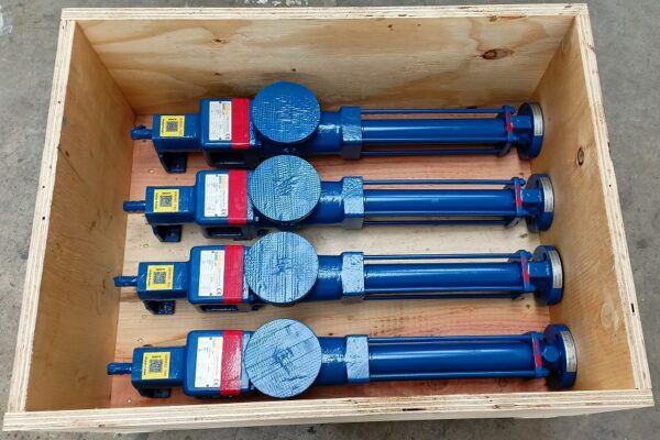 Four small blue Fludyn BEH 164 mono pumps (progressive cavity pumps) each without motor, ready for despatch to an Australian shipyard, bolted together in a wooden crate