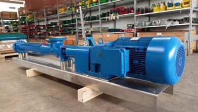 A blue eccentric screw pump with motor mounted on a stainless steel base plate