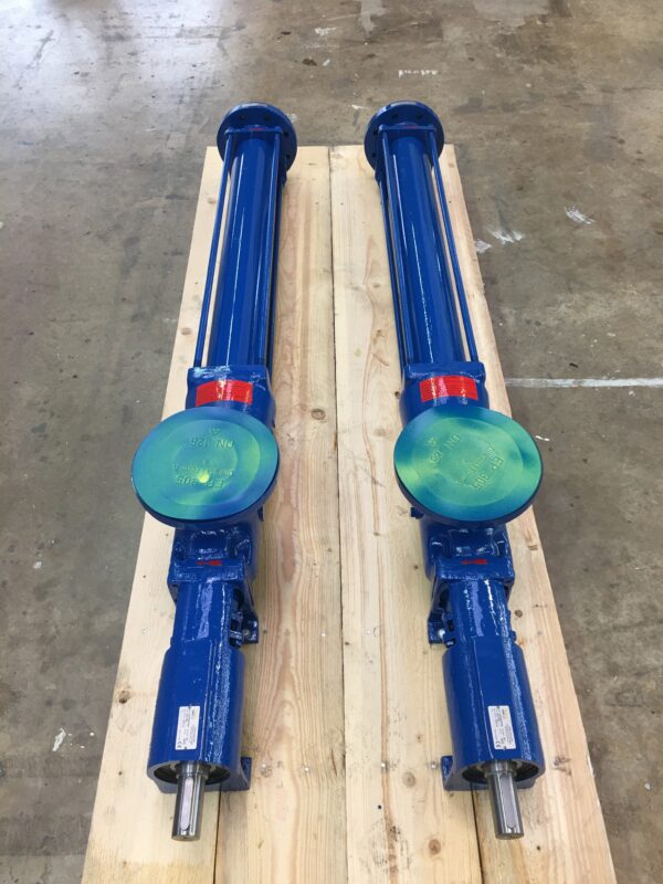 Two blue Fludyn BE2H mono pumps without motor mounted on a light-coloured wooden pallet