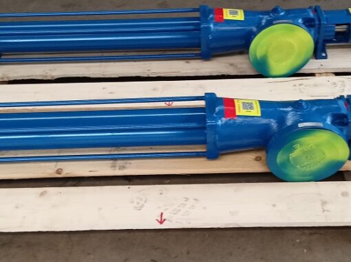 Zwei blaue Fludyn BEH 1500 Exzenterschneckenpumpen / Monopumpen , ohne Motor quer auf einer Holzpalette verschraubt