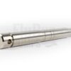A drive shaft for Bornemann E4H 375 progressing cavity pumps made of metal, inclined without background. At the front you can see the connection for the motor.