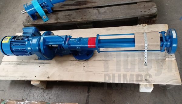 Eine blaue Fludyn BE2L 375 Exzenterschneckenpumpe / Monopumpe, inklusive Motor quer auf einer Holzpalette verschraubt