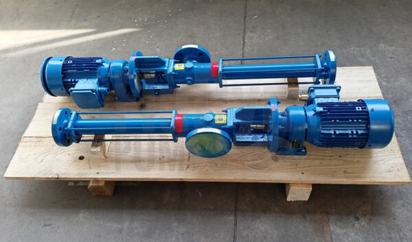 Two blue Fludyn BE4L 236 progressing cavity / mono pumps, fitted with motors, labelled and ready for dispatch on a wooden pallet.