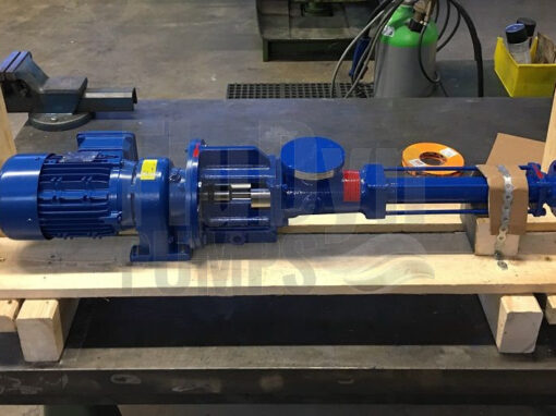 Eine blaue Fludyn BEL 164 Exzenterschneckenpumpe / Monopumpe, inklusive Motor quer auf einer Holzpalette verschraubt