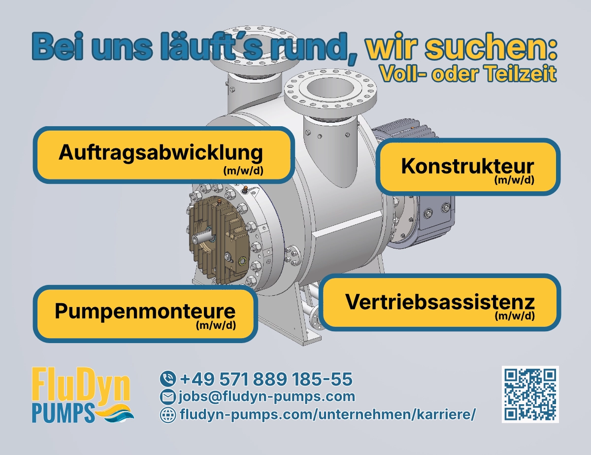 Bei uns läuft´s rund, wir suchen in Voll- oder Teilzeit:<br />
- Auftragsabwicklung (m/w/d)<br />
- Konstrukteur (m/w/d)<br />
- Pumpenmonteure (m/wd)<br />
- Vertriebsassistenz (m/w/d)